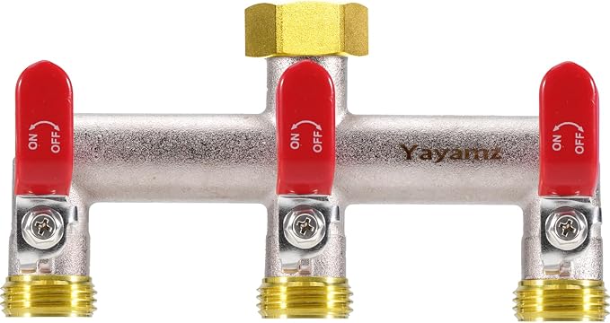 3 Way Garden Hose Splitter, Heavy Duty Brass Nickel Plated Rust Resistant Faucet Manifold, 3/4" Frost Resistant Outdoor Hose Adapter Connector，Hose Spigot Adapter with 3 large red handles