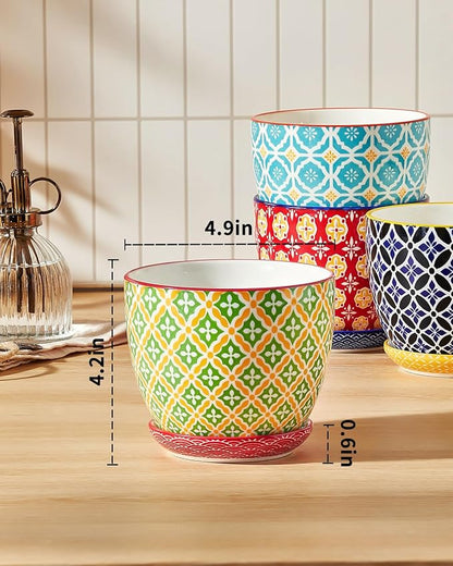 Metahom Ceramic Plant Pots, 4.9 Inch Flower Pots with Drainage Hole & Saucer, Colorful Planter Pots for Houseplants, Succulent, Catus, Home Decor, Set of 4, Vibrant Colors