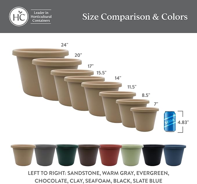 The HC Companies 15.5 Inch Classic Round Planter Pots with Drainage, Rolled Rim Plastic Planters for Indoor & Outdoor Plants, 2-Pack Decorative Flower Pots for Garden, Office & Home Decor, Warm Gray