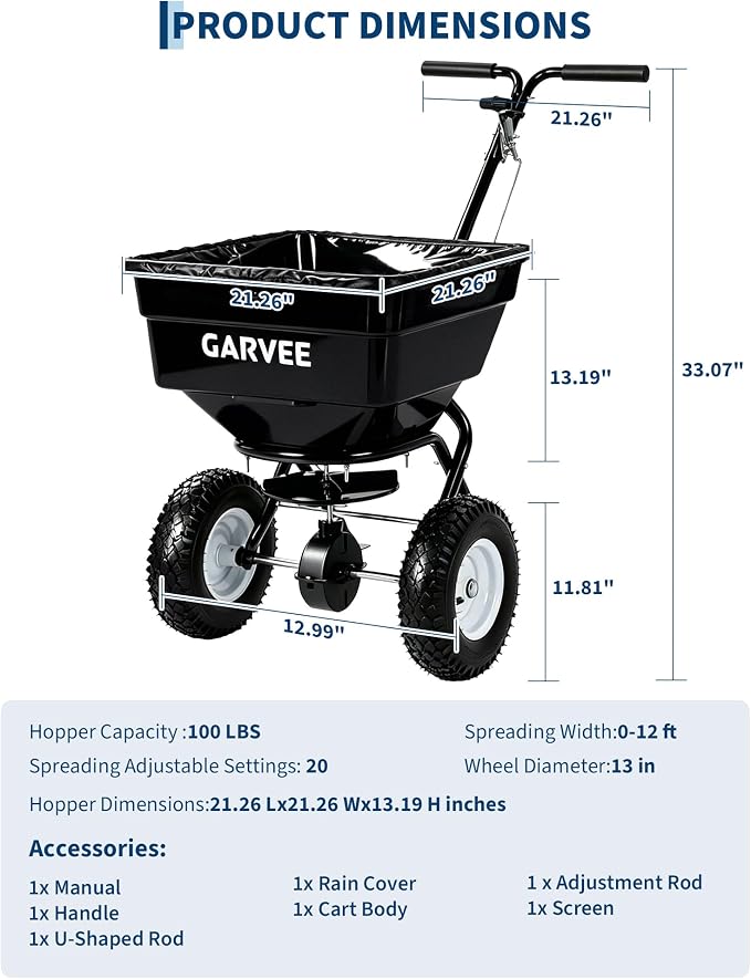 100LBS Push Broadcast Spreader, 12FT Spreading Width, 13in All-Terrain Wheels, Adjustable Flow Control, Heavy Duty Walk Behind Lawn Spreader for Fertilizer, Grass Seed, Ice Melt, Salt