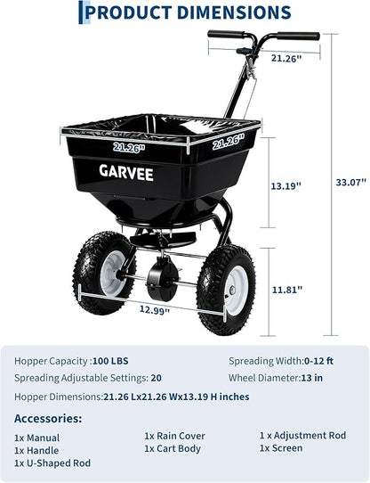 100LBS Push Broadcast Spreader, 12FT Spreading Width, 13in All-Terrain Wheels, Adjustable Flow Control, Heavy Duty Walk Behind Lawn Spreader for Fertilizer, Grass Seed, Ice Melt, Salt