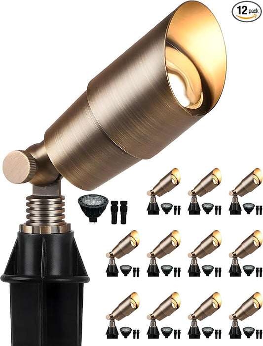 PARTPHONER Solid Brass Low Voltage Landscape Lighting, Wired 12V LED Landscape Spotlights with Aluminum Housing MR16 Bulb, Heavy Duty Outdoor Waterproof Up Lights for Garden, Yard, Trees, 12Pack