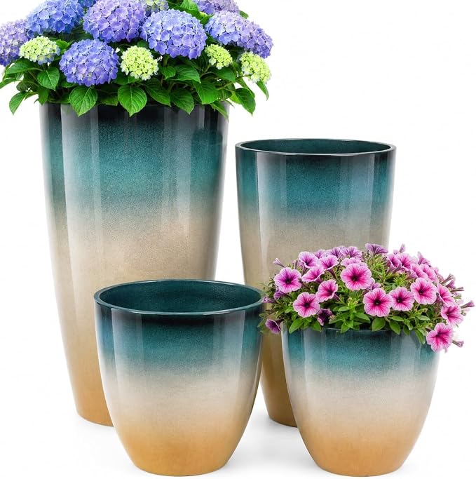 ZMTECH 24/21/12/10 Inch Coastal Teal Ombre Planter Set, 4 Pack Large Outdoor Planters with Drainage Holes & Saucers, Glossy Smooth Lightweight Plastic Plant Pots for Indoor Patio Garden Décor