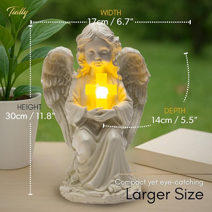 TIALLY Solar Angel Garden Statue with Glowing Cross – Large Angel Figurines with Soft Glow, Weatherproof Outdoor Statues for Memorial Decor, Yard, Lawn or Cemetery Use, Angels Gifts for Women