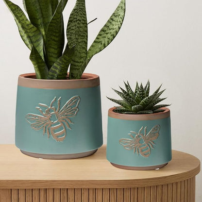 YBX Terracotta Pots with Drainage Holes, Bee Decor, Planter for Indoor Plants, Flower Pots Indoor Succulent, Herbs, Snake Plants (Turquoise, 6+4 Inch)