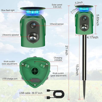 Ultrasonic Animal Repeller Outdoor - Cat Repellent & Deer Deterrent with PIR Sensor & Solar Powered,360° Protection Against for Squirrels, Dog, Deer, Raccoons, Skunks, Rabbits in Garden,Yard, Farm