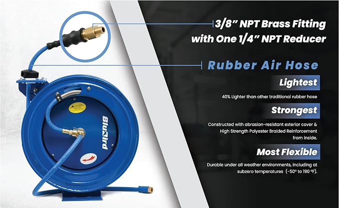 BLUBIRD BBRHD3850 18ga. Retractable Hose Reel with 3/8" X 50' Air Hose, 12 Point Ratcheting Gear, Next-Gen Rubber, Lightest, Strongest, Most Flexible, 300 PSI, -50F to 190F Degrees, Polyester Braided