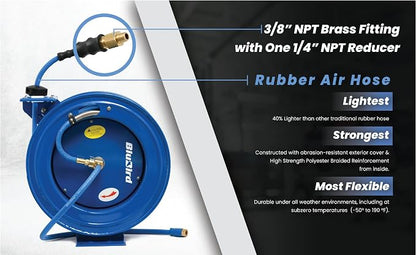BLUBIRD BBRHD3850 18ga. Retractable Hose Reel with 3/8" X 50' Air Hose, 12 Point Ratcheting Gear, Next-Gen Rubber, Lightest, Strongest, Most Flexible, 300 PSI, -50F to 190F Degrees, Polyester Braided