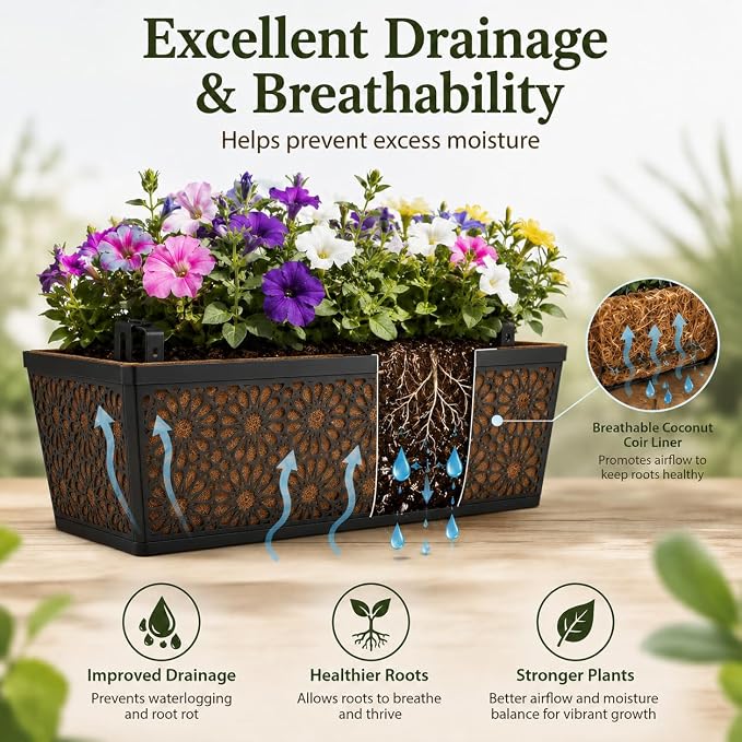 Halatool Railing Deck Balcony Planter Window Boxes, 2 Pack 30 Inch Metal Heavy Duty Planter Boxes with Coco Liner for Windowsill Fence Porch Patio Lawn Outdoor