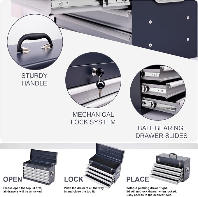 4 Drawers Metal Tool Box, 21'' Portable Metal Tool Box with EVA Liners & Auto-Locking Mechanism, Heavy Duty Steel Tool Chest with Ball-Bearing Drawer Slides & Convenient Top Handle, Grey