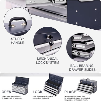 4 Drawers Metal Tool Box, 21'' Portable Metal Tool Box with EVA Liners & Auto-Locking Mechanism, Heavy Duty Steel Tool Chest with Ball-Bearing Drawer Slides & Convenient Top Handle, Grey