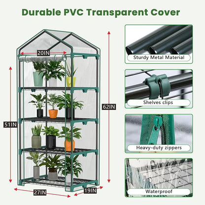 Indoor Greenhouse with Grow Lights, 4 Tier 27" L×19" W×62" H Mini Greenhouse with Zippered PVC Cover for Seed Starting Trays, Dimmable 2FT 60W Plant Light for Indoor Plants with Timer