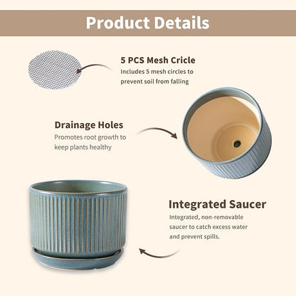 SURE YUESI Ceramic Plant Pots Set of 3, Indoor Outdoor Planters with Drainage Hole and Saucer, Ceramic Flower Pots for Indoor Plants, 4.3+5.5+6.8 Inch, Home, Garden, Patio and Office, Matte Green