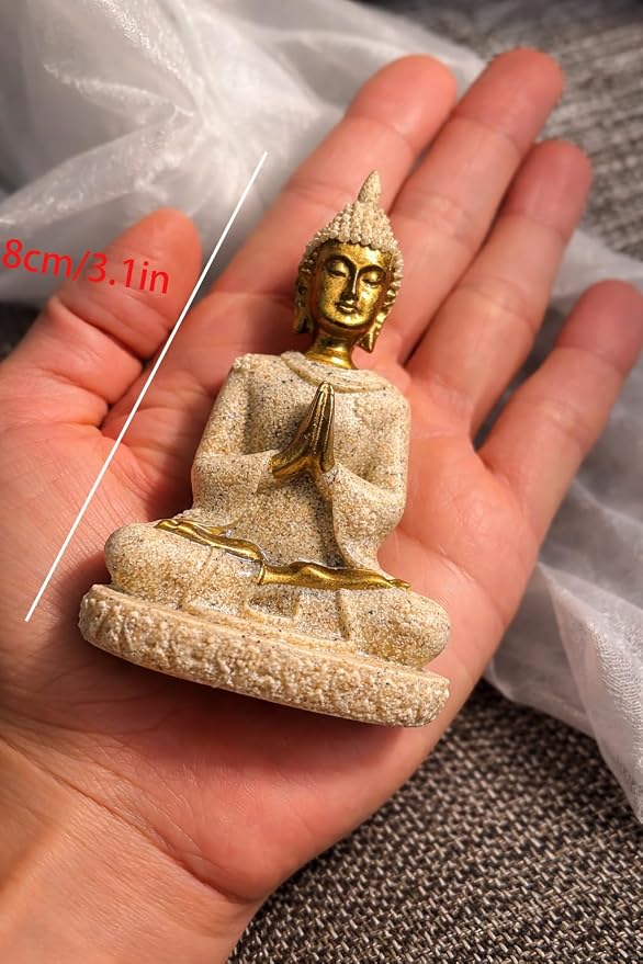 Small Buddha Statue - Figurines Decor Sandstone Sitting Meditation | Outdoor Statues for Garden Buddhist Decoration Ornament Sculpture Handmade Figurine Miniatures Home Seated Zen (Gold)