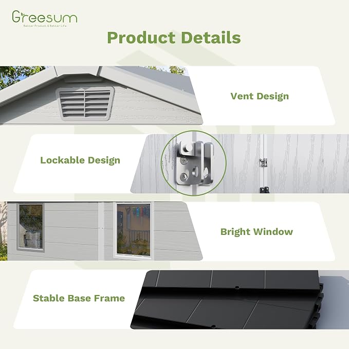 Greesum 6x8FT Plastic Outdoor Storage Shed with Floor, Resin Sheds with Lockable Double Door, Tool Sheds with Window and Vents, for Garden, Yard, Patio, Light Gray