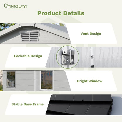 Greesum 6x8FT Plastic Outdoor Storage Shed with Floor, Resin Sheds with Lockable Double Door, Tool Sheds with Window and Vents, for Garden, Yard, Patio, Light Gray