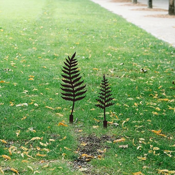 WADORN 2Pcs Fern Leaves Metal Decorative Garden Stakes, Black Fern Leaf Silhouette Outdoor Statues Rustic Garden Ornament Gifts Yard Art Decoration Stakes for Outdoor Backyard Lawn Walkways Flowerpot