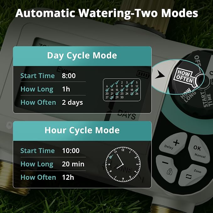 QUOBAS Zero Pressure Sprinkler Timer with Child Lock, Programmable Water Timer for Garden Hose with Brass Ports, Rain Delay/Manual/Auto Irrigation System, 2 Zone Watering for Rain Barrel, 2 Pack