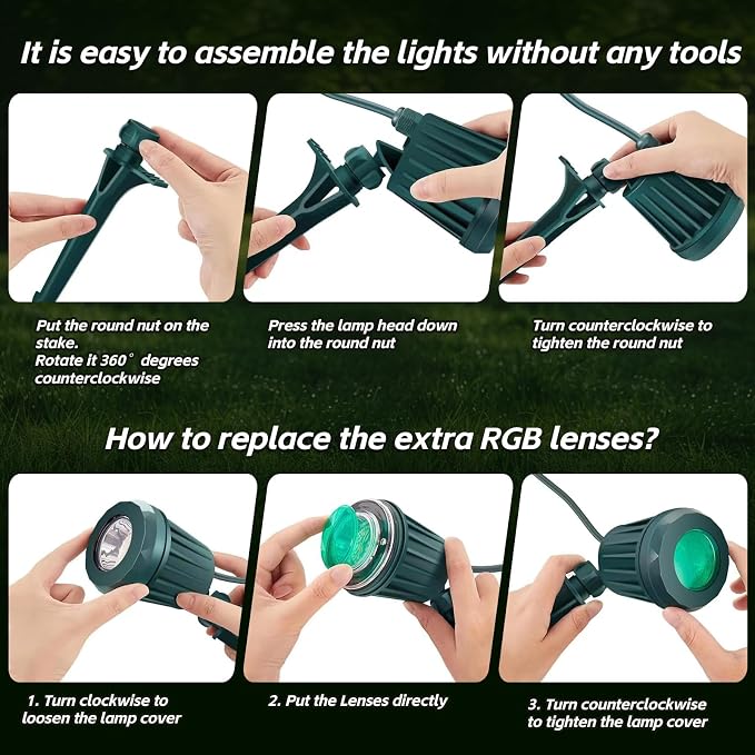 Spotlight Outdoor – 120V Plug-in, 2700K Warm White LED Landscape Spot Lights with RGB 3 Lenses for Yard, Garden, Lawn&Tree Decor, IP67 Waterproof, Perfect for Holidays&Everyday (2 Pack, Green)