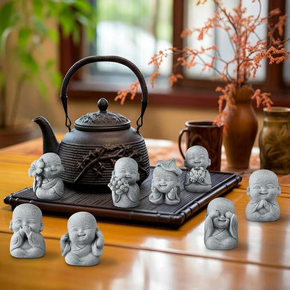 Hoteam 8 Pcs Laughing Buddha Statue Small Zen Monk Praying Sandstone Sculptures for Luck Feng Shui Decor Car Dashboard Home Living Room Office Desk Decor