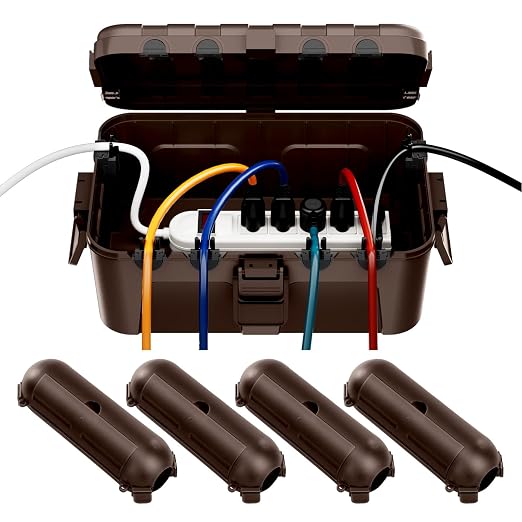 RESTMO 5-Piece Outdoor Waterproof Electrical Box Set – 12.5" x 8.5" x 5" Large & 7.1" x 2.3" x 2.3" Small, Weatherproof Boxes for Power Strip, Outlet, Plug, Socket, Timer, Holiday Light, Brown