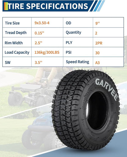 2 Pack 9x3.50-4 Lawn Mower Tires,9x3.5-4 NHS Off-Highway Tires, 9x3.5x4 Turf Tires Replacement for Riding Mower Garden Tractor Golf Cart Utility Vehicle,2PR Tubeless