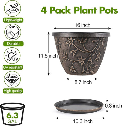 Nooulap 4 Pack 16 Inch Plant Pot with Drainage Hole, Plastic Large Indoor Outdoor Planter, Decorative Flower Pot for Patio, Garden & Front Porch, with Gold Flower Partten (Retro Brown)