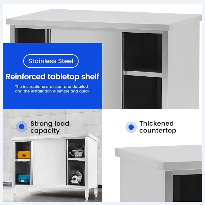 Hally Stainless Steel Cabinet, 30" x 60" NSF Commercial Heavy Duty Prep Workbench with Two Sliding Doors, Large Storage Cabinet, Metal Table for Kitchen, Restaurant, Garage