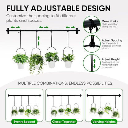 Hanging Planters for Indoor Plants with 4 Pots, Adjustable Window Plant Rod, Space-Saving Herb Garden Holder for Wall or Ceiling Mount (40in-4 Hanging basins)