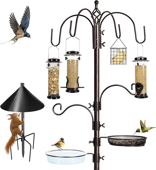 YINGYM 6-Hook Bird Feeding Station Kit Wild Bird Feeder Stand Pole, Multi-Feeder Hanging Kit Stand with Water Bowl, Mesh Tray and Squirrel Guard Baffle, 94 Inch