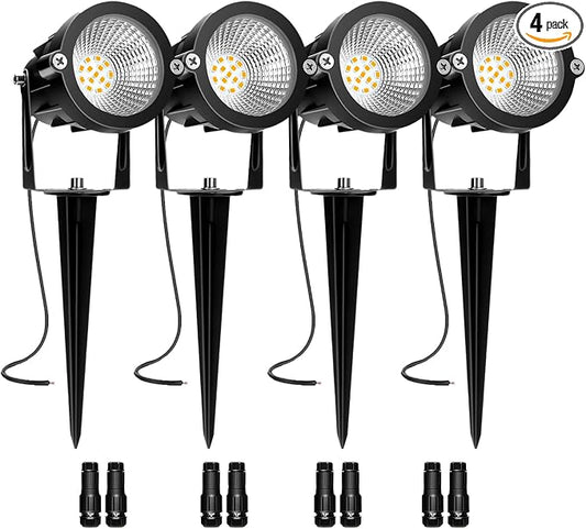 Low Voltage Landscape Lights, 10W 12/24V 2700K Warm White Landscape Lighting, IP65 Waterproof Outdoor LED Spotlight for Garden Yard Tree, 4 Pack with Connectors