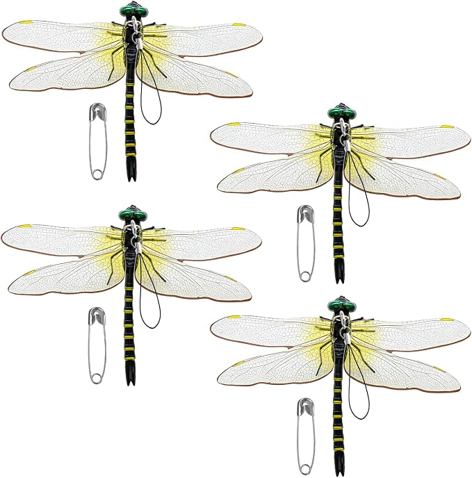4 Pack Dragonfly Clips, Lifelike Fake Dragonfly Ornaments Outdoor Yard Garden Stakes for Hat,Deer and Horse, Fly Scare Devices for Indoor Outdoor Garden Patio Plants (4 Pack)