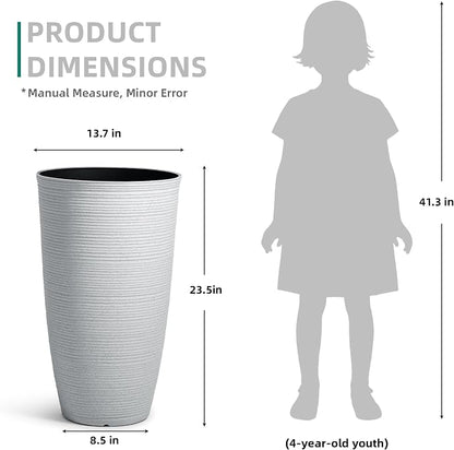 2-Pack 23.5" White Plastic Tall Tapered Planters with Ribbed Texture | Set of 2 PP tall planters with white faux terrazzo look, ribbed texture, drainage plugs, and UV-treated finish for porch