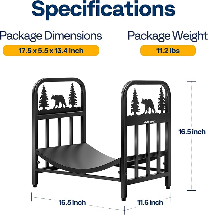 VIVOHOME 16.5 in Decorative Firewood Storage Log Rack with Bear Pattern, Solid Wrought Iron Fireplace Wood Holder Stacker, Indoor Outdoor Waterproof Rustproof