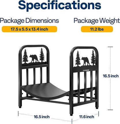 VIVOHOME 16.5 in Decorative Firewood Storage Log Rack with Bear Pattern, Solid Wrought Iron Fireplace Wood Holder Stacker, Indoor Outdoor Waterproof Rustproof