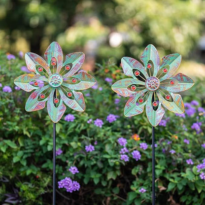 VEWOGARDEN 2 Pack Wind Spinners Outdoor, Metal Wind Spinner with Flower Design for Yard Garden Lawn Decorations, Copper Green