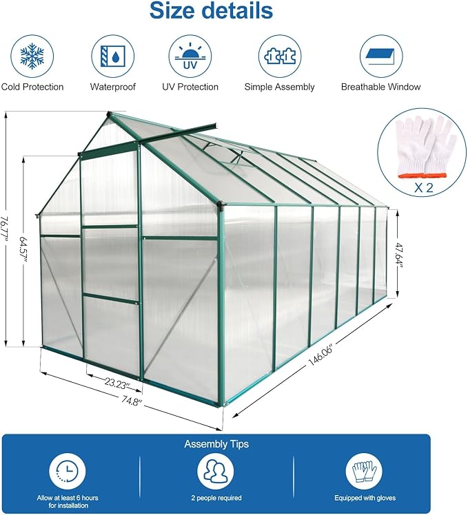 6x12 FT Greenhouse, Walk-in Polycarbonate Greenhouses with Sliding Doors, Aluminum Frame, Adjustable Roof Vent, Raised Base & Anchor, Outdoor Backyard Greenhouse for All Seasons, Green