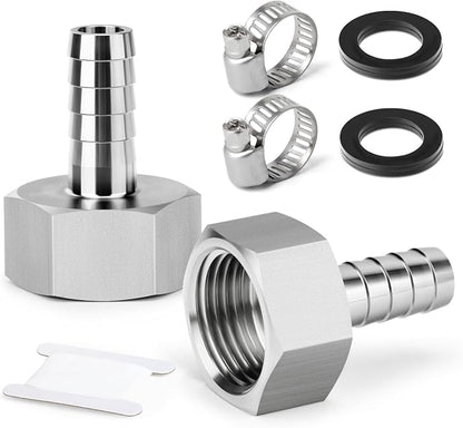 TAISHER 2PCS 304 Stainless Steel Garden Hose Repair Connector, 1/2" Barb x 3/4" GHT Female Garden Hose Adapter with Hose Clamps
