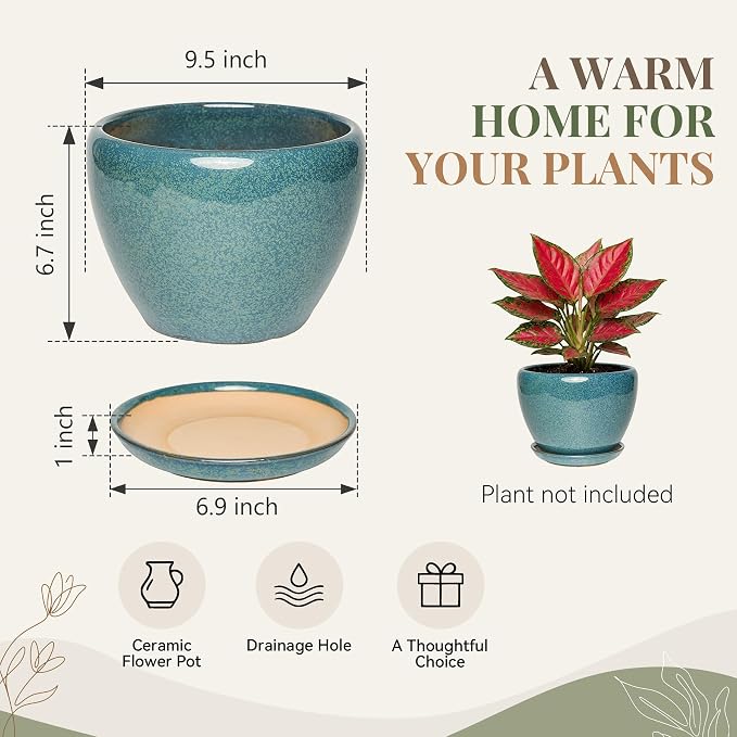 9.5 Inch Ceramic Plant Pot with Drainage Hole Mesh Net,Modern Gardening Pots for Indoor Plants with Saucer, Crackle Blue