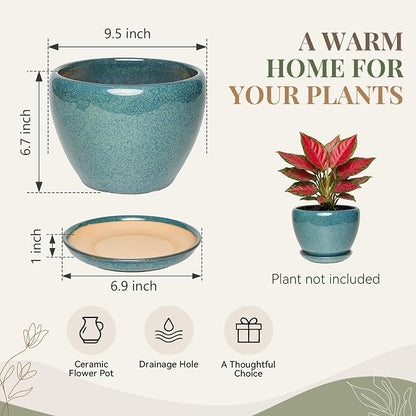 9.5 Inch Ceramic Plant Pot with Drainage Hole Mesh Net,Modern Gardening Pots for Indoor Plants with Saucer, Crackle Blue
