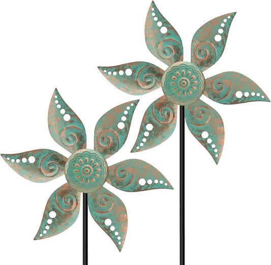 2 Pack Wind Spinners Outdoor Metal Vintage Green, Waterproof Wind Sculptures Garden Pinwheels & Decorative Stakes, Small Windmills for Yard Lawn Patio Outdoor Garden Decor (Type 35)
