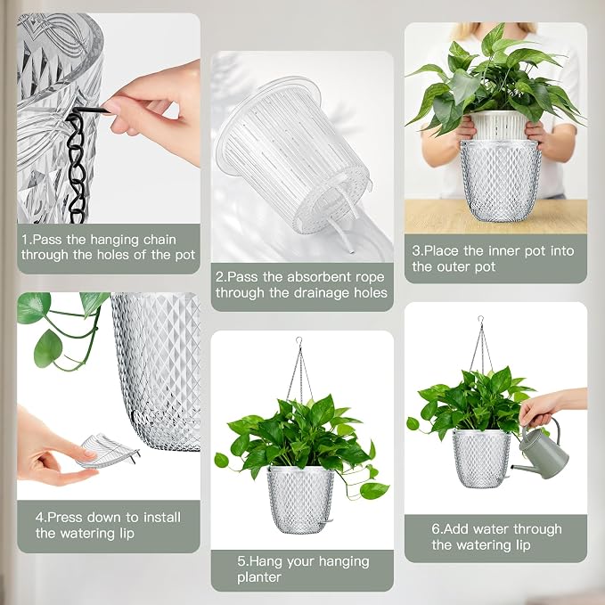 QCQHDU Hanging Planters for Indoor Plants, 2-Pack, 7.2 Inch, Clear | Plastic, Self Watering Plant Hanger, with Drainage Holes, 3 Hooks Chains, For Garden Home