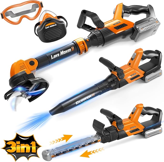 Kids Tool Set, 3-IN-1 Toddler Power Garden Tools with Lights and Sounds, Toy Weed Wacker, Toy Leaf Blower, Hedge Trimmer, Yard Tools Outdoor toys for Boys, Birthday Gifts for Kids Ages 3 4 5 6 7 8+