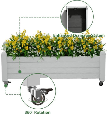 Fancyango Raised Garden Bed with Wheels 13.3" H -Ashen | Resin Elevated Garden Planter Box with Drainage, Outdoor Planter Box for Veggies Herbs Patio Balcony Backyard