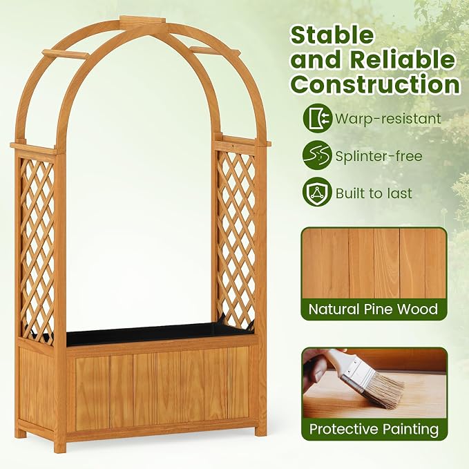 HAPPYGRILL Raised Garden Bed with Trellis, Wooden Elevated Planter Box w/Ached Roof & Detachable Bottom Panels, Liner, Drainage, Indoor Outdoor Wood Planter for Climbing Plants Vine Flower (1)
