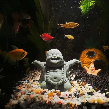 Mini Zen Laughing Buddha Statue, Tiny Sandstone Figurine for Garden Shelf | Mini monk figurine with contagious smiling face. Perfect for fish tank, desk ,or home decor. Brings joy and uplifts any space