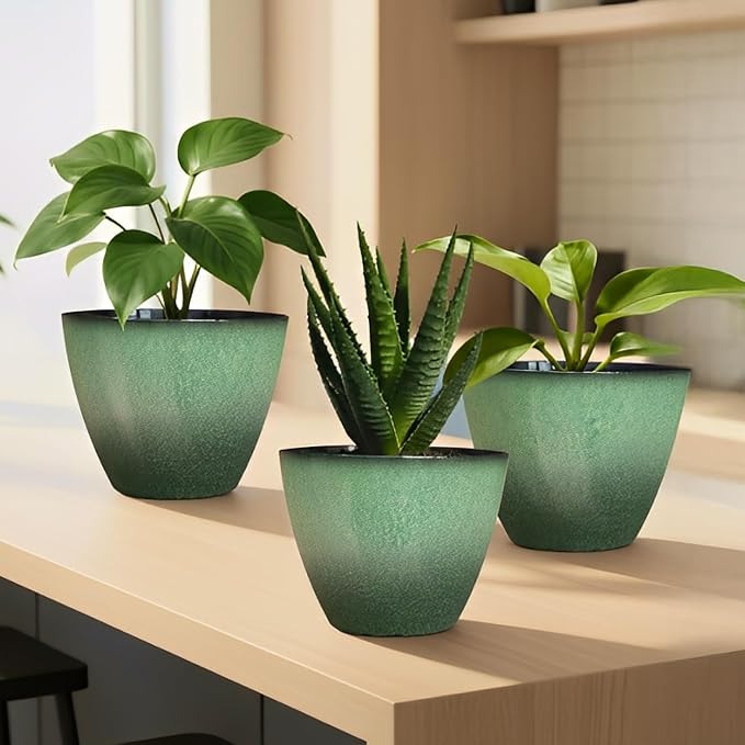 Vanslogreen 8 inch Flower Pots for Indoor Plants, 4 Pack Plastic Plant Pots for Plants with Drainage Holes, Indoor Planter for Outdoor Plants Garden Home Decor, Green