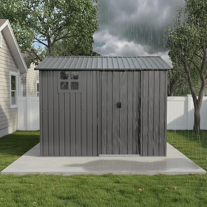 8x6 FT Outdoor Storage Shed,Galvanized Steel Heavy Duty Metal Tool Shed with Window & Vents,Sliding Door,Weatherproof Utility Shed for Backyard Patio Lawn,Gray