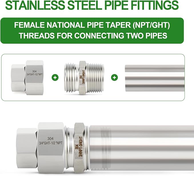 TAISHER 2PCS 304 Stainless Steel Garden Hose Adapter, 3/4" GHT Female x 1/2" NPT Female Swivel Garden Hose Connector with Washers