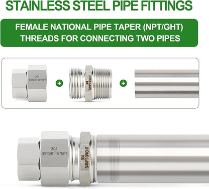 TAISHER 2PCS 304 Stainless Steel Garden Hose Adapter, 3/4" GHT Female x 1/2" NPT Female Swivel Garden Hose Connector with Washers